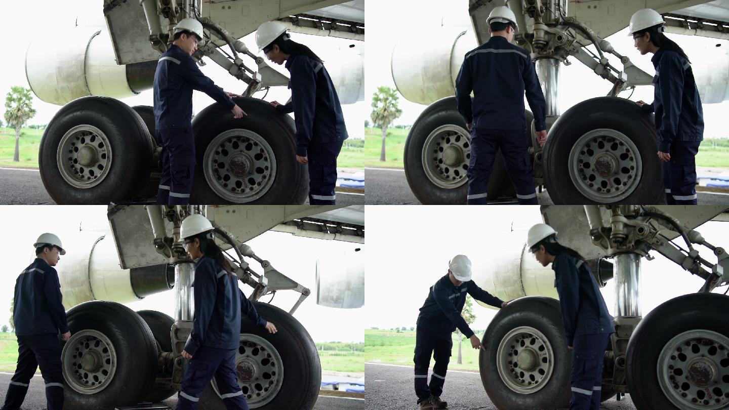 飞机维修机械工程师在机库内检查和操作飞机喷气发动机。