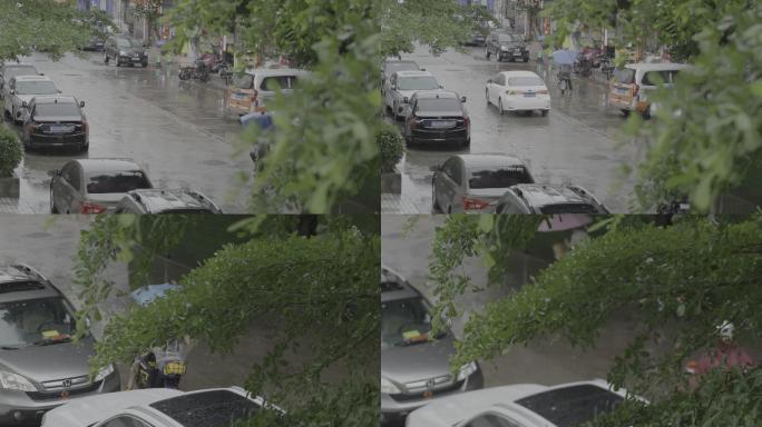 下雨街道行人汽车