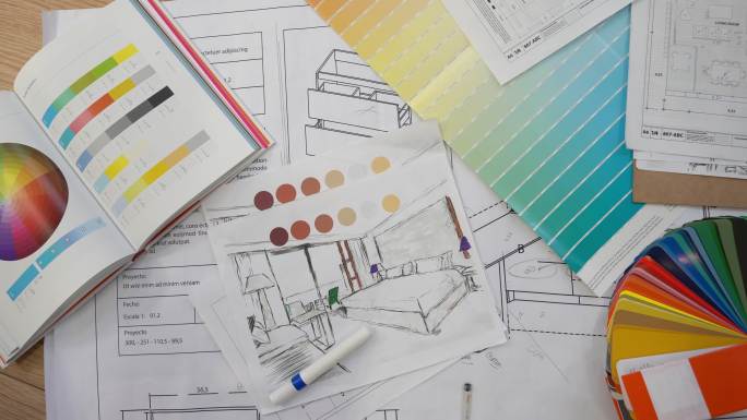 家庭装修的蓝图、色样、铅笔颜色、草图、计划和文件