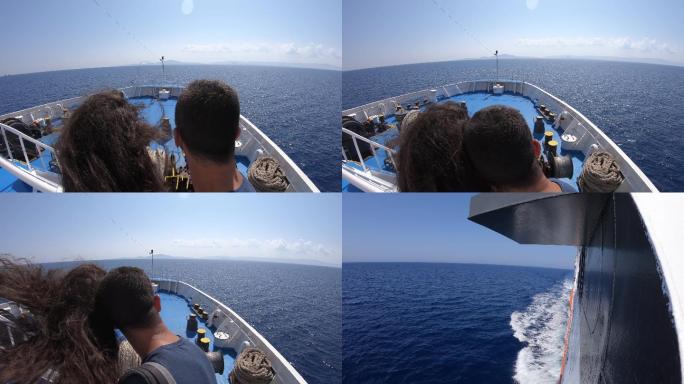 4K视频情侣在希腊扎金托斯的渡船上航行享受暑假