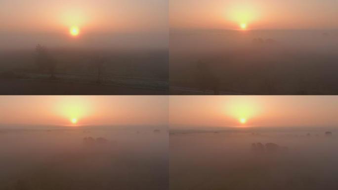 日出时田野上空的空中薄雾