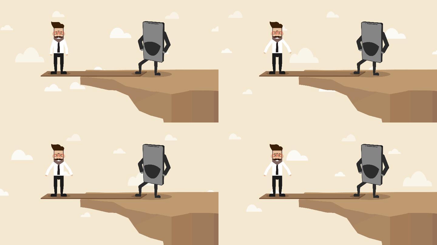 商人站在悬崖边的木板上，智能手机控制（社会问题概念漫画）