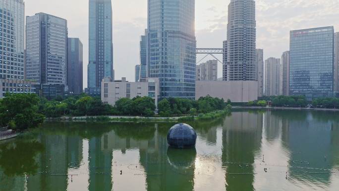 航拍绍兴世茂中心,梅龙湖公园,湖景