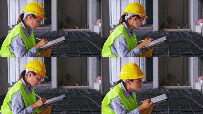 女工程师带着平板电脑在施工现场工作，检查工作进度。
