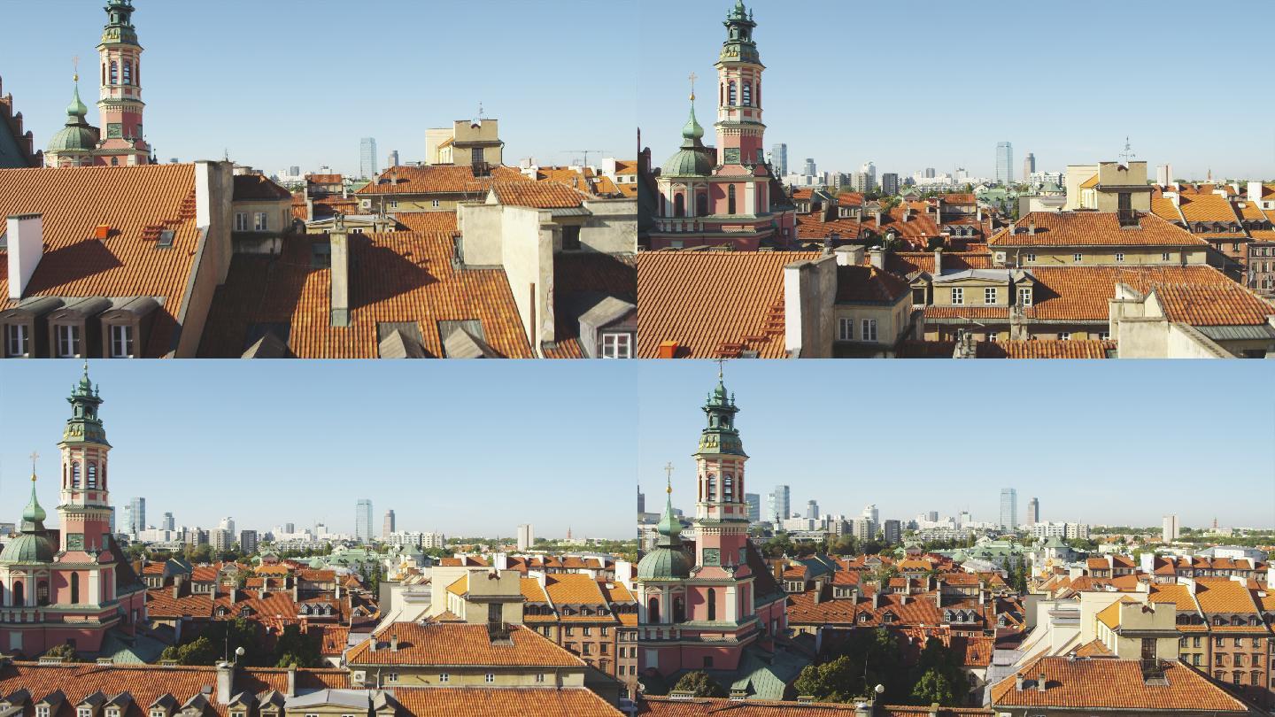 华沙古城鸟瞰图，天际线遥远。教堂塔楼和红色屋顶