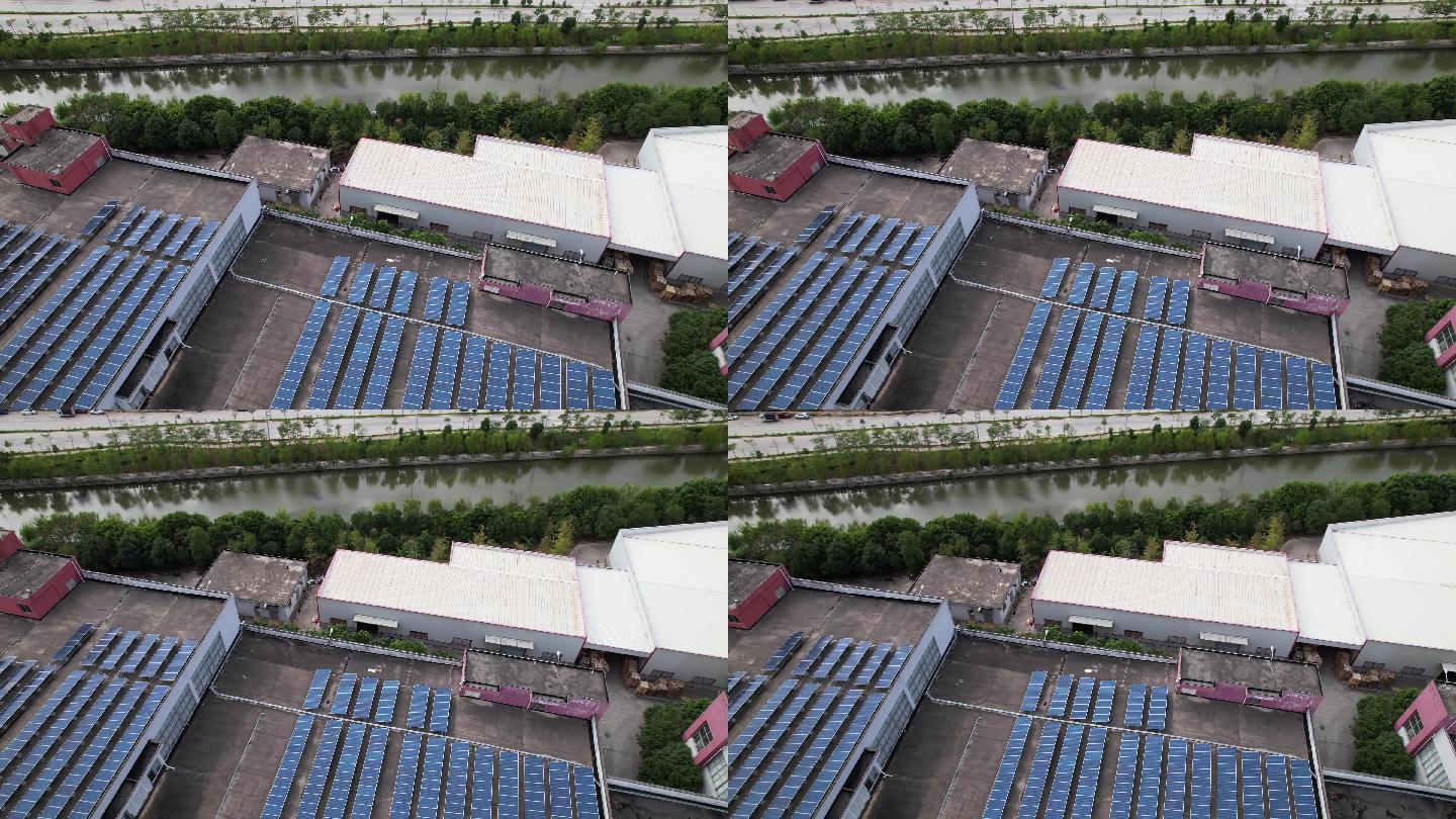 安装在工厂屋顶上的太阳能电池板鸟瞰图