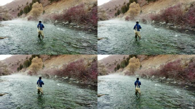 犹他州普罗沃河上的亚洲男子飞钓