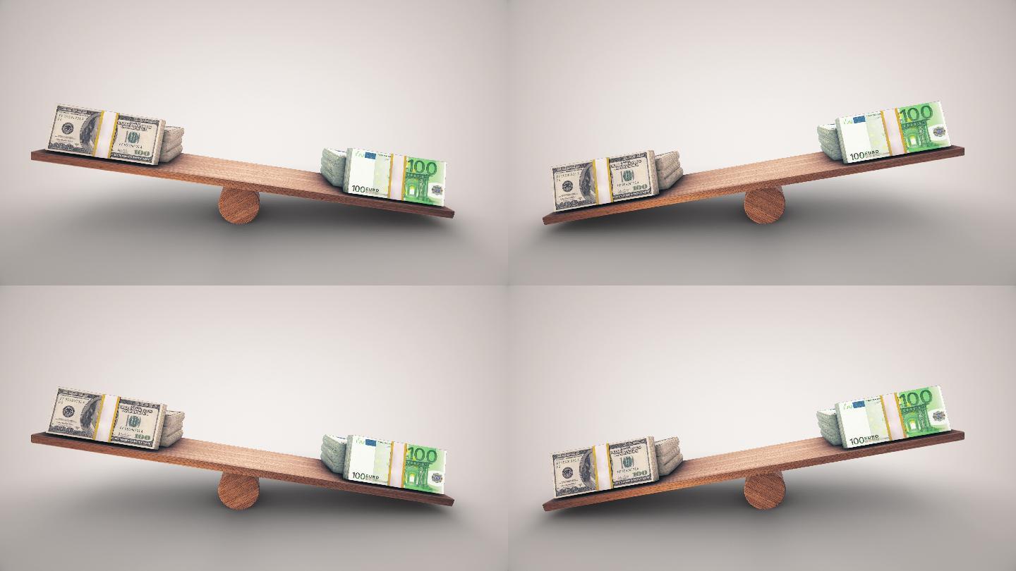 美元和欧元在木制跷跷板上保持平衡。动画两边都变慢了你可以停在一边你选择全球经济的概念金融业务平衡利率