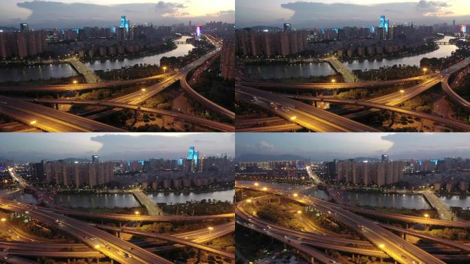 夜间鸟瞰城市复杂的高架桥。