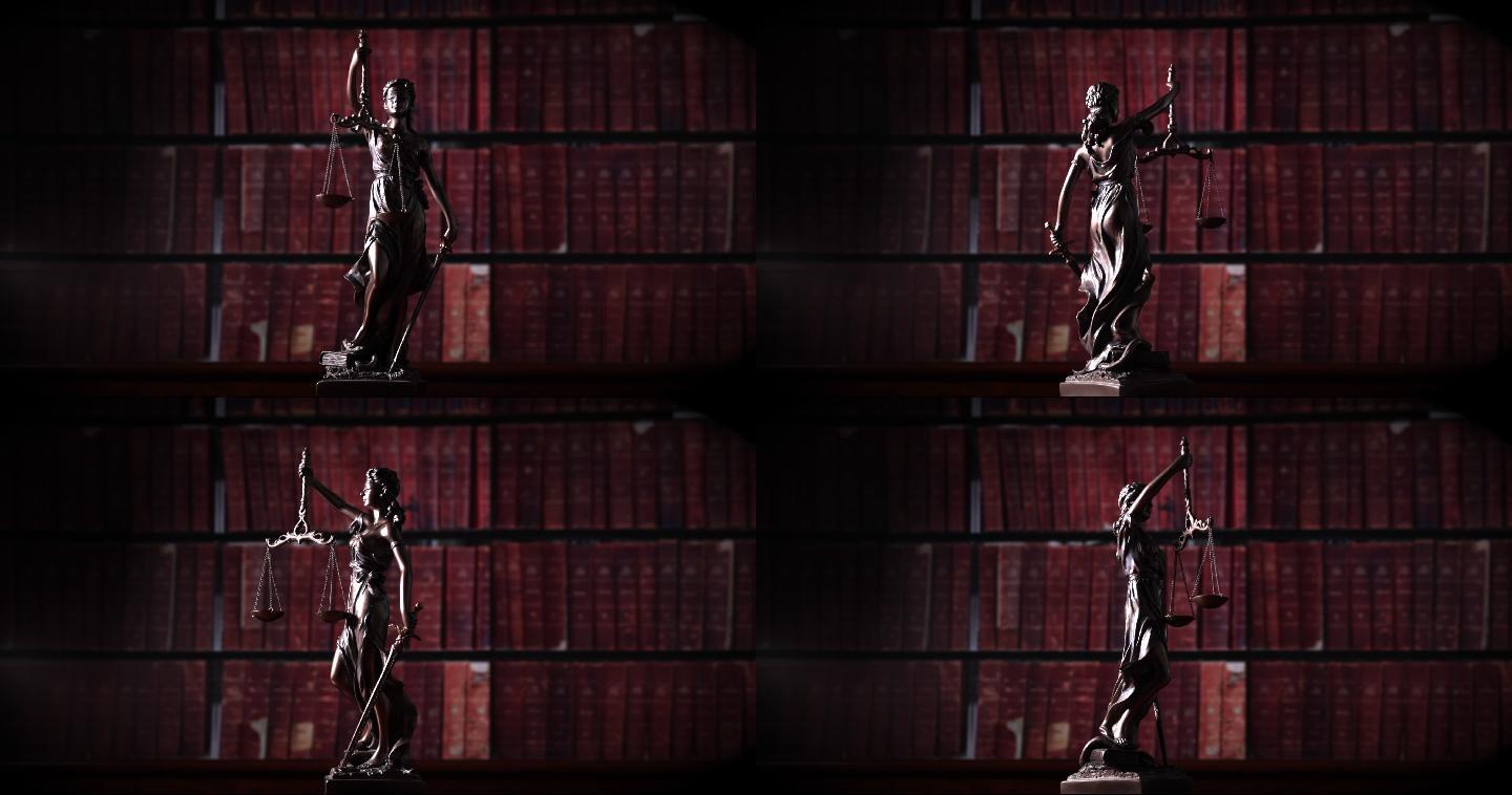 正义女神像（Themis）在法律书籍前旋转。