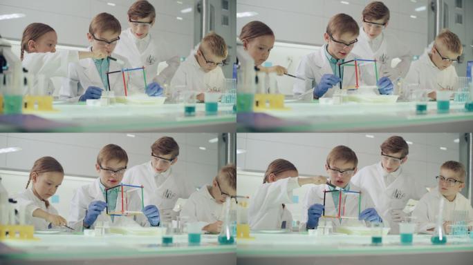 孩子们在实验室里做科学实验。用肥皂泡液体研究表面张力