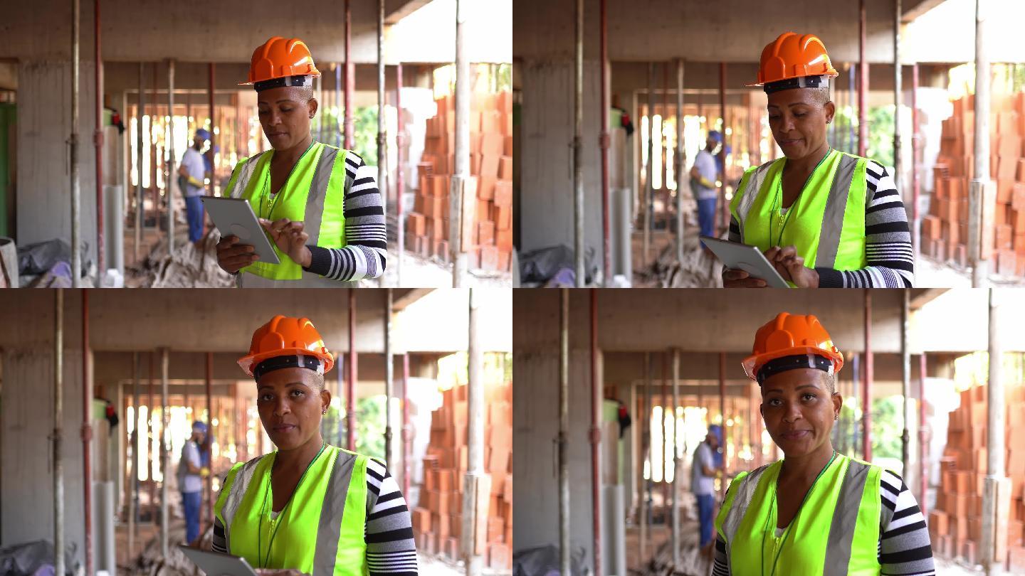 建筑工地一名女建筑工人的肖像