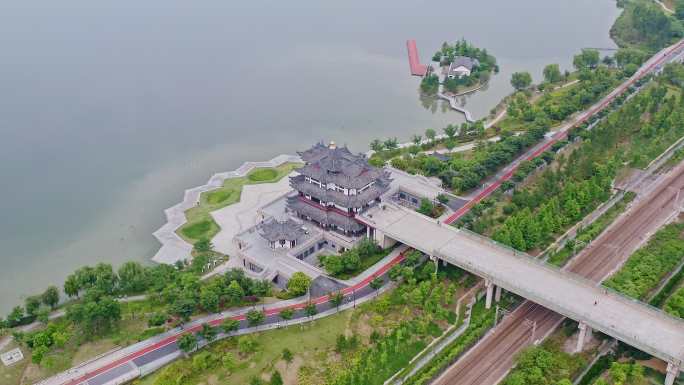 绍兴迪荡湖公园亭台楼阁全景,城市交通