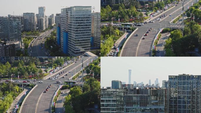 远眺中国樽+现代城市建筑+俯拍车流