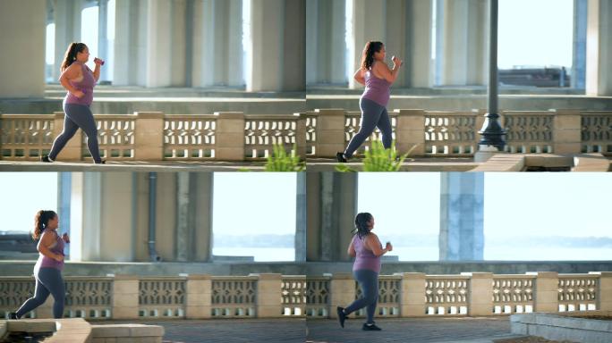 太平洋岛民女子在城市桥下慢跑