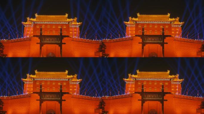 庆祝中国春节的古城墙上灯光秀