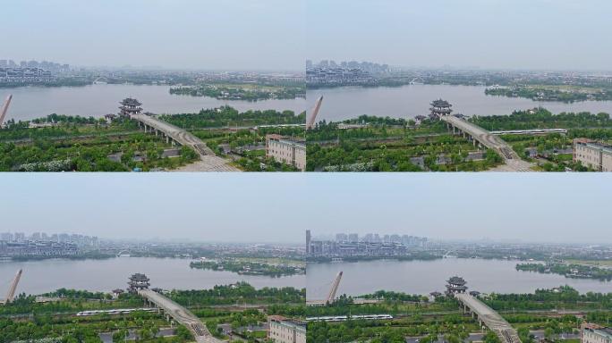 绍兴迪荡湖公园亭台楼阁全景,城市交通