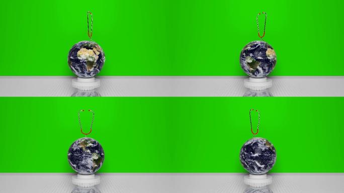 绿色背景下的3D旋转环健康行星地球概念