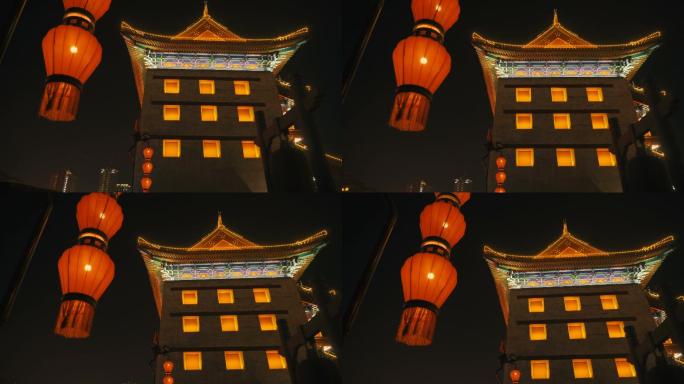 西安庆祝中国春节的古城墙上的灯笼视图