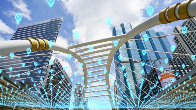 城市中心的全球定位系统网络连接概念。