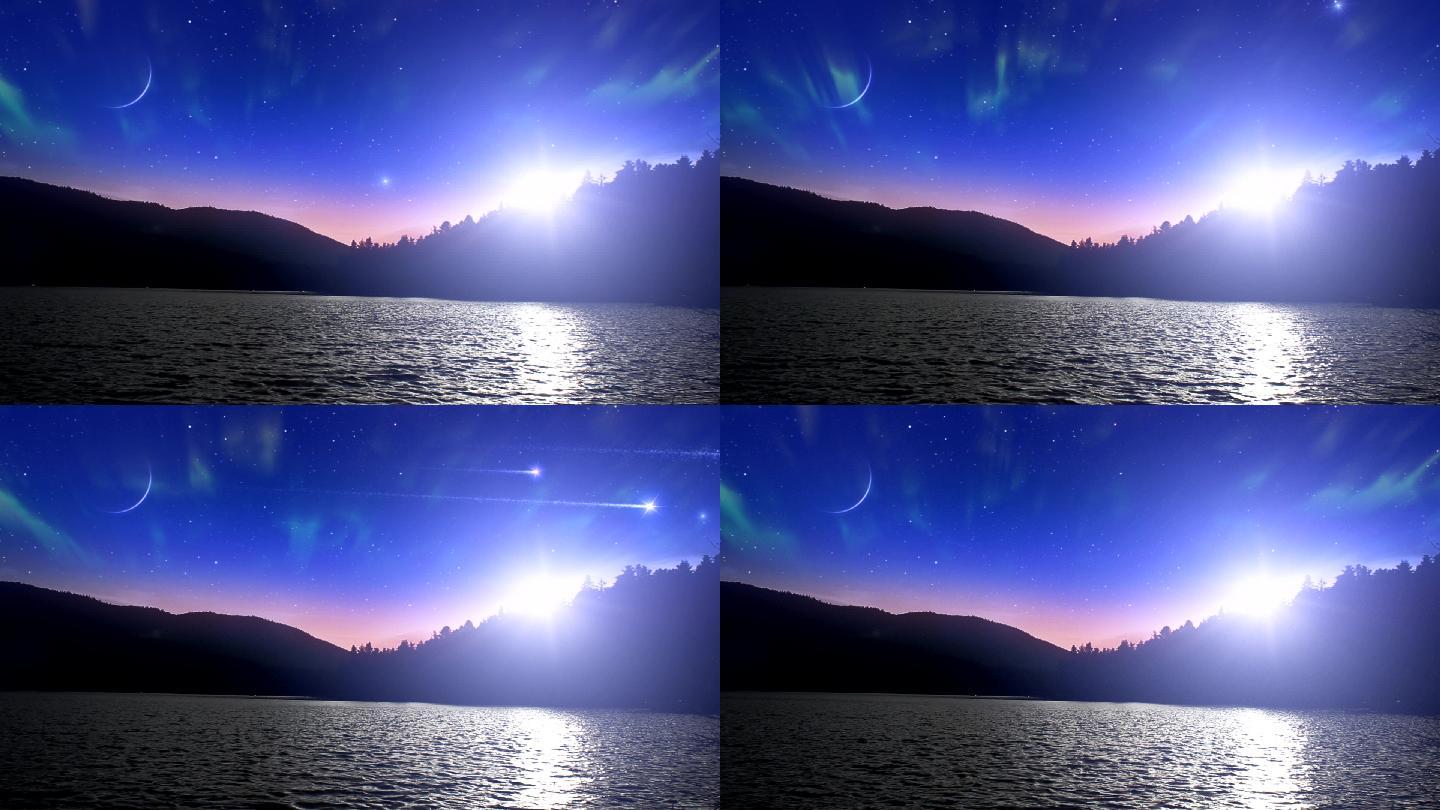 湖面上的北极光和流星