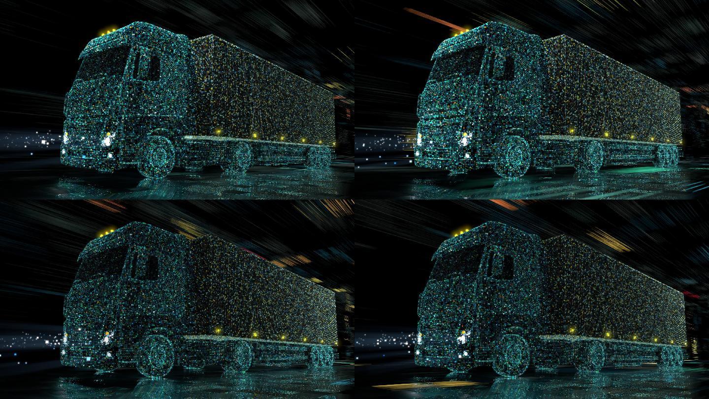 未来科技概念：带拖车的自动半挂汽车在夜间行驶在道路上，传感器扫描周围环境。自驾卡车数字化高速公路的特