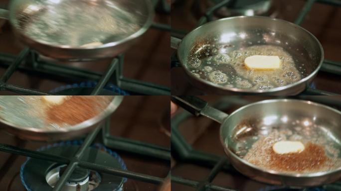 在平底锅中融化黄油并加入红糖
