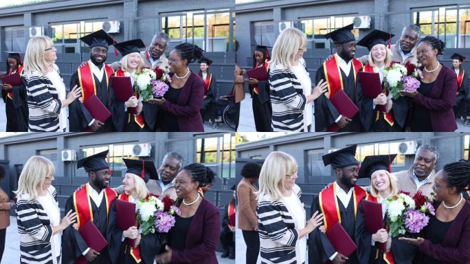 刚毕业的夫妇和他们的父母在毕业典礼后