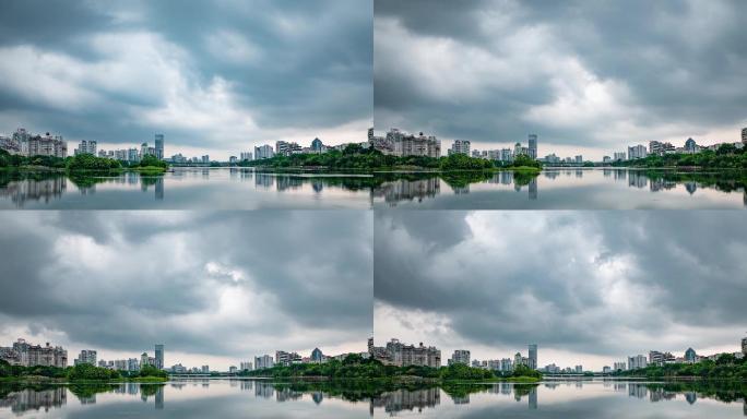 南宁南湖公园满天乌云密布暴风雨来临延时