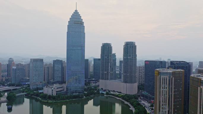 航拍绍兴世茂中心,梅龙湖公园,湖景