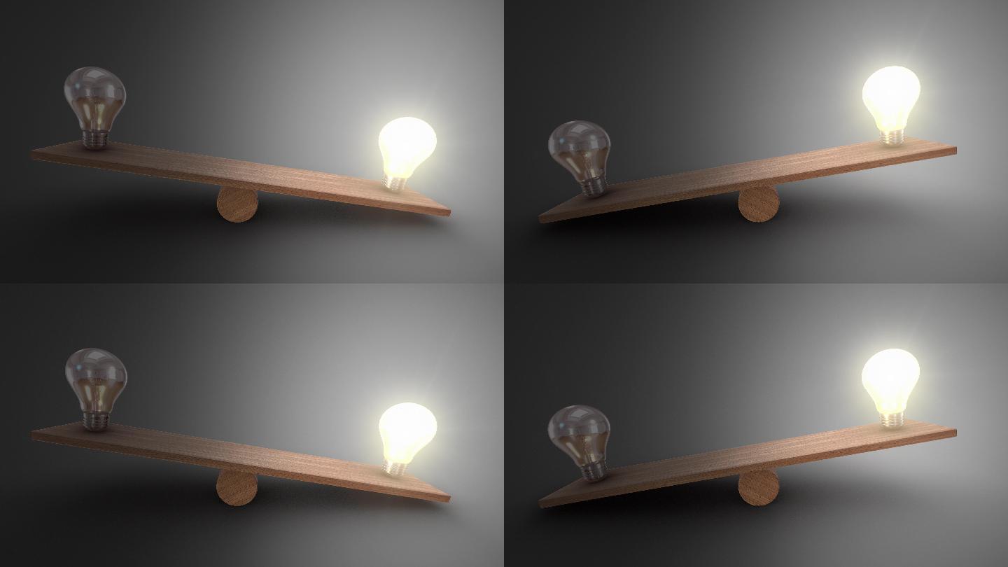 在木制跷跷板上平衡打开和关闭灯泡。两侧的动画都会变慢。你可以停在你选择的一边。成功理念领导力营销规划
