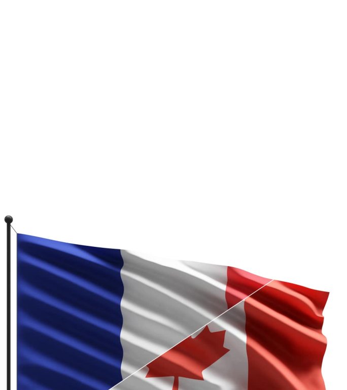 风中的法国和加拿大国旗在白色背景上隔离，带有复制空间