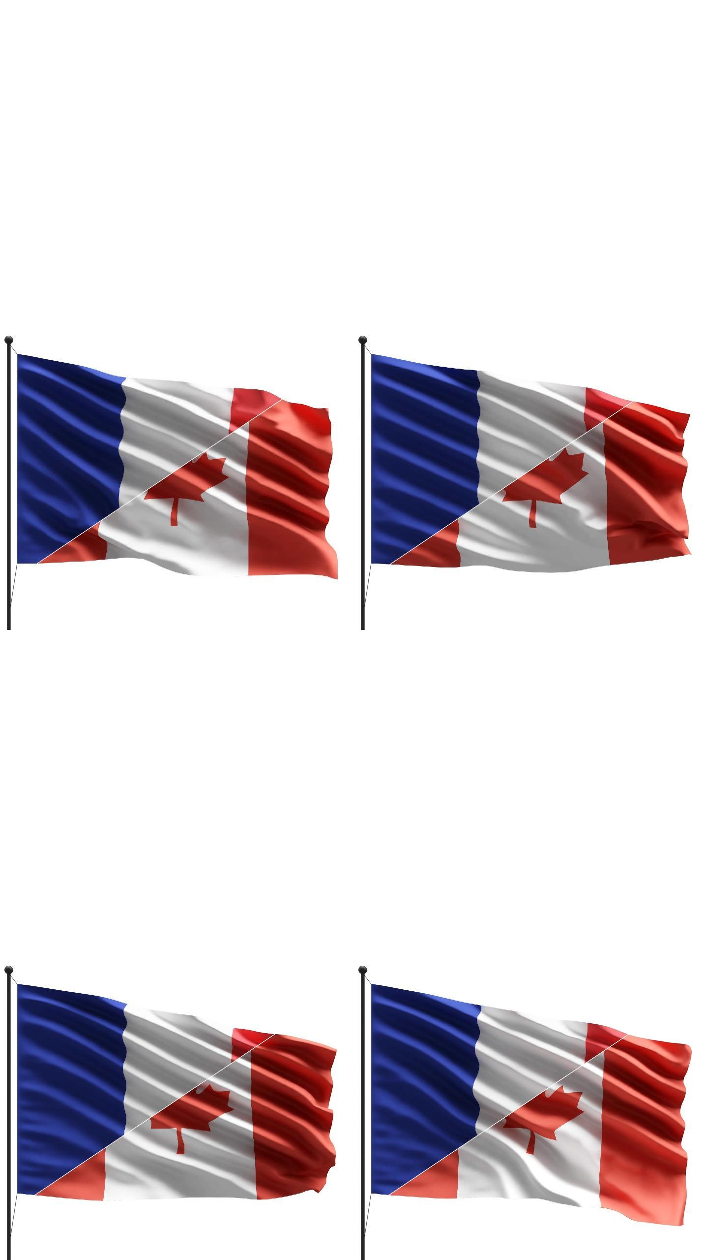风中的法国和加拿大国旗在白色背景上隔离，带有复制空间