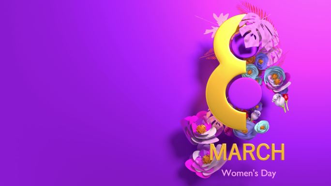 金色数字8，带妇女节文字和鲜花，以4K分辨率庆祝3月8日国际妇女节动画