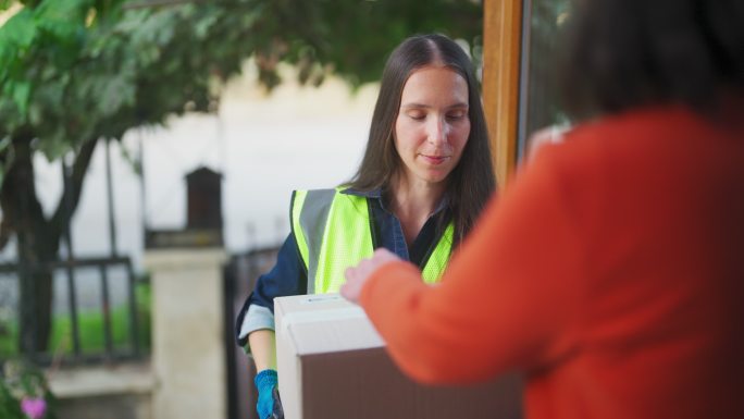 女性送货员在家为客户送货。收到包裹的客户