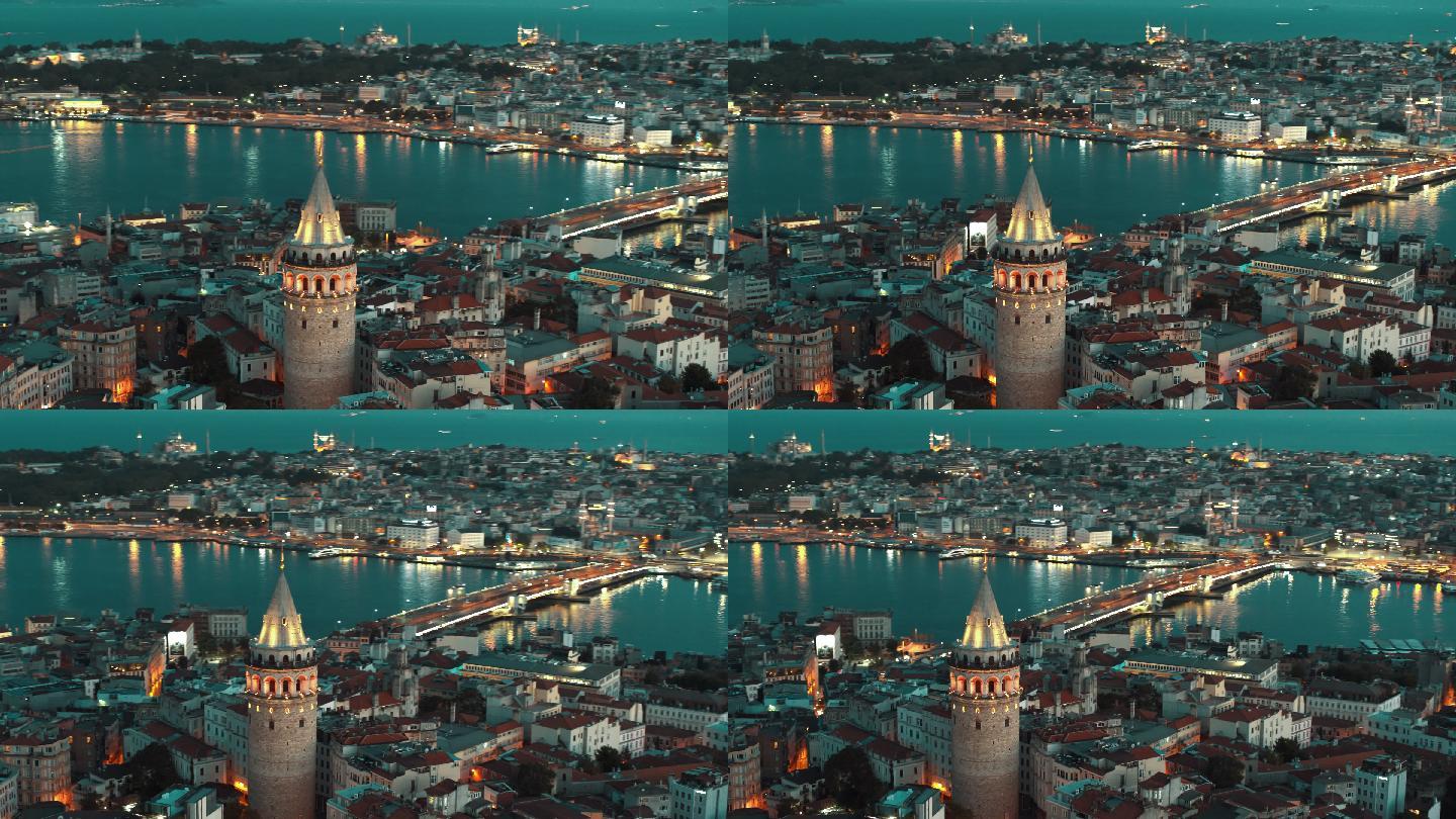 夜间伊斯坦布尔加拉塔塔和加拉塔桥鸟瞰图-4K无人机镜头