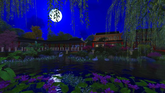 中国风古建御花园池塘景观动画-夜景