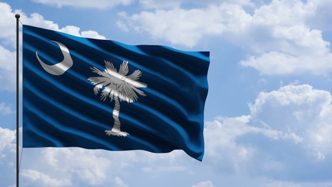 4k美国南卡罗来纳州国旗在桅杆上迎风飘扬的概念