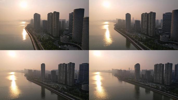 航拍杭州滨江一桥边日出美景