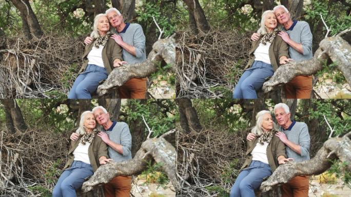 深情快乐的老年夫妇在树上聊天