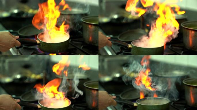 在壁炉框架背景中的烧烤中燃烧的慢动作。