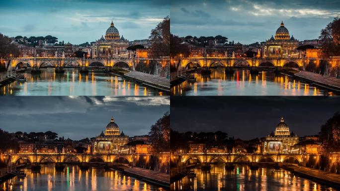 罗马台伯和圣彼得斯大教堂梵蒂冈意大利-时间流逝