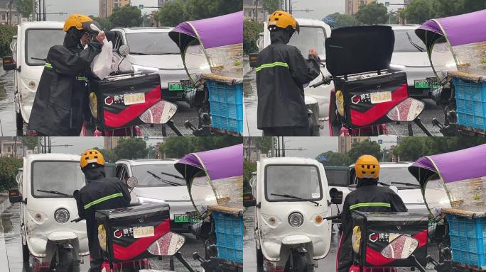 雨天外卖小哥快递员电瓶车送货送餐