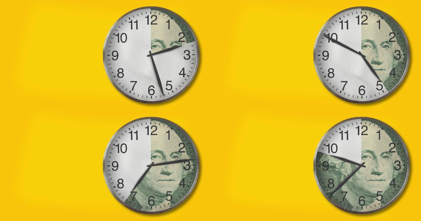 金钱时钟：黄色背景上12小时的金钱