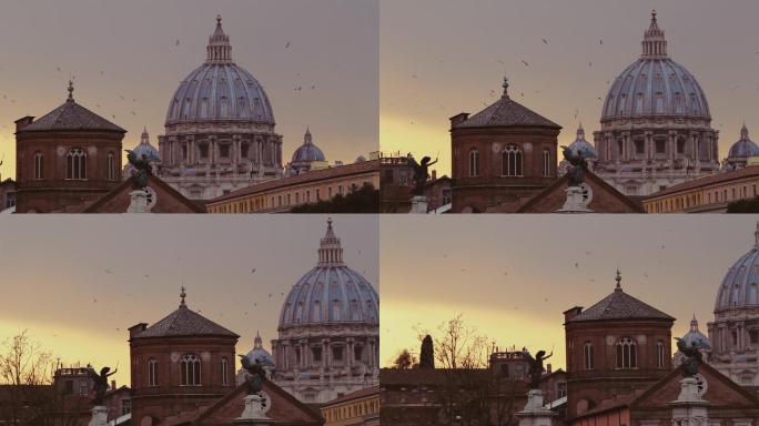 日落时的罗马城市景观：圆顶和天际线