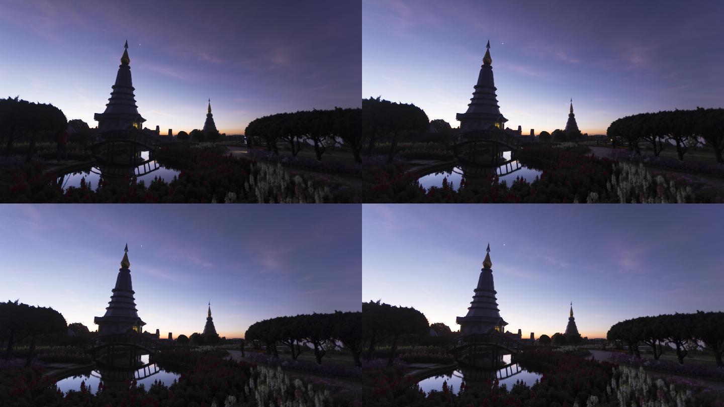 泰国北部清迈省Doi Inthanon国家公园的日以继夜的宝塔