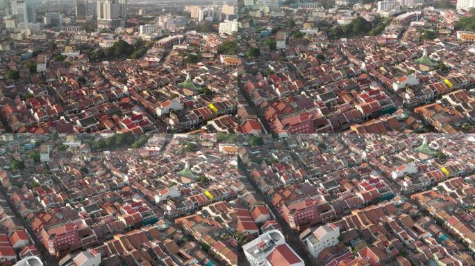 马来西亚无人机鸟瞰马六甲。美丽日子里的马六甲多彩家园