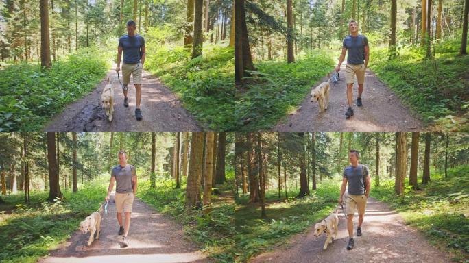一个男人和他的小狗在森林里的一条小路上散步