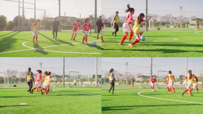 女性儿童足球队或足球队成员分成两队，互相竞争以提高技能