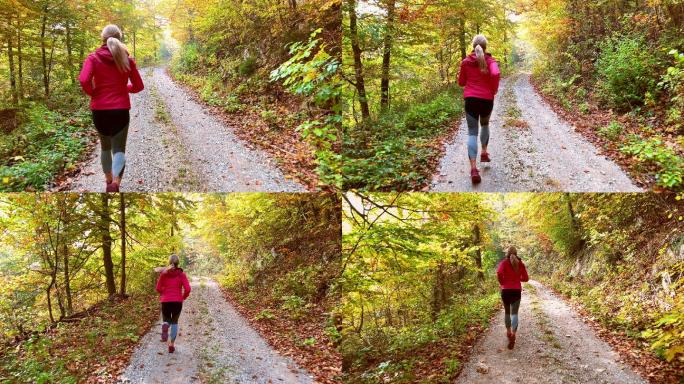 秋天，一个女人在森林中奔跑